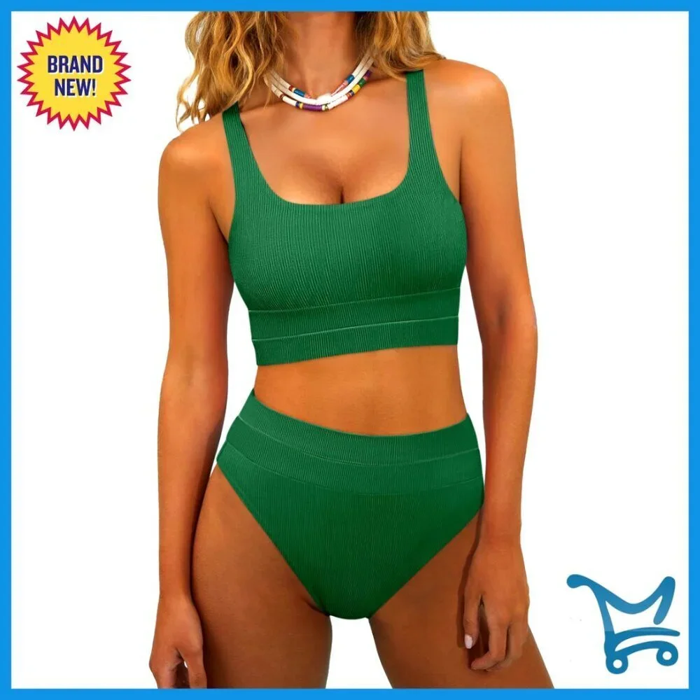 High Waisted Bikini Set Tummy Control Adjustable Straps Sporty Ribbed Swimwear